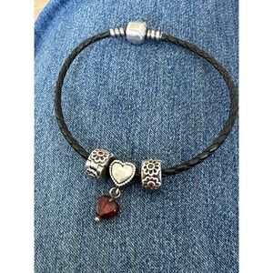 925 Sterling Donatella  7" Leather Bracelet Celestial Love 3 Charms #599